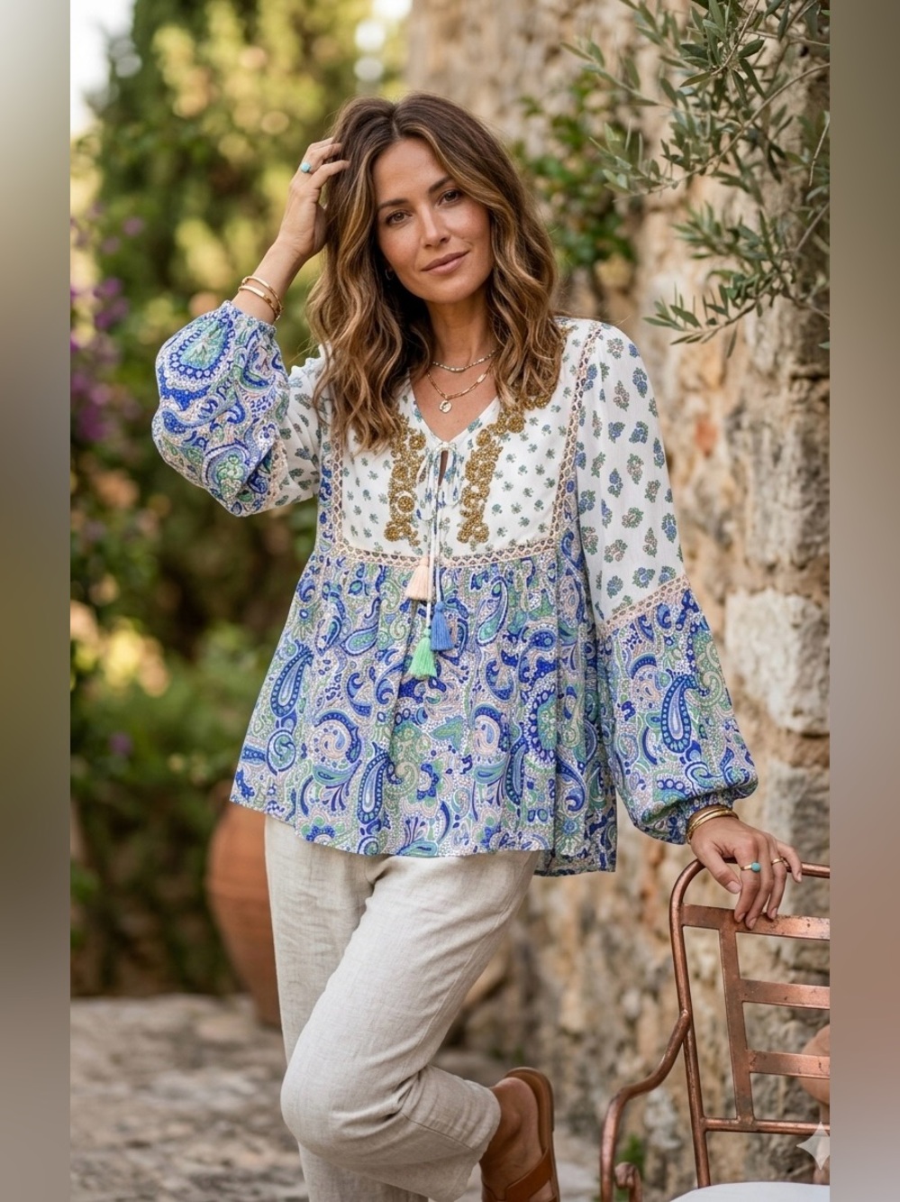 Miss June Paris Blue Paisley Sequin Boho Blouse Tassel Tie‎ V-Neck Top One Size